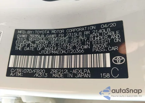 2021 Toyota Corolla Le z USA, uszkodzony, nr VIN JTDEPMAE0MJ120366